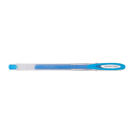 Light blue Uni-ball Signo Fine 0.7mm gel pen offering smooth writing, waterproof ink, and a sleek capped design for longevity.