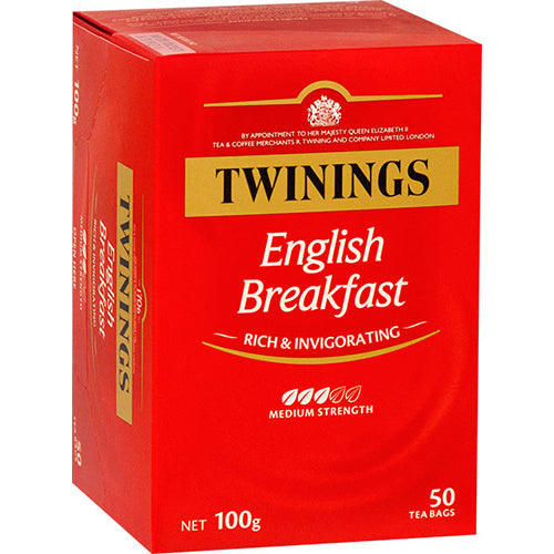 Twinings English Breakfast Tea Bags 50-pack, featuring robust black tea for a perfect morning boost or cozy afternoon break.