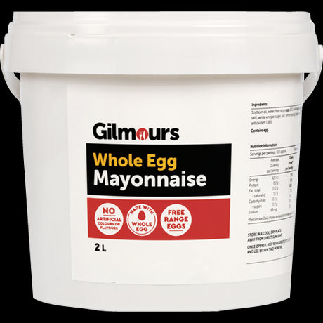 Creamy Gilmours Mayonnaise with Whole Egg in a 2l container, perfect for enhancing dishes in restaurants and cafes.