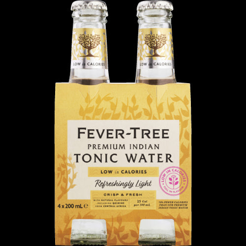 Four 200ml bottles of Fever-Tree Naturally Light Tonic Water, offering a refreshing, low-calorie mixer for cocktails.