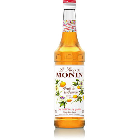 Bottle of Monin Passionfruit Syrup 700ml, featuring tropical flavor ideal for cocktails, coffee, and desserts.