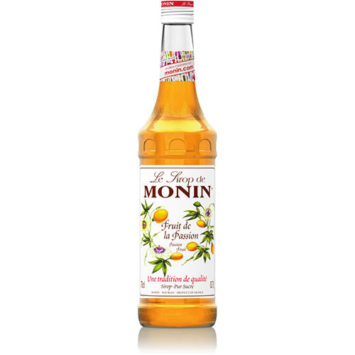 Bottle of Monin Passionfruit Syrup 700ml, featuring tropical flavor ideal for cocktails, coffee, and desserts.