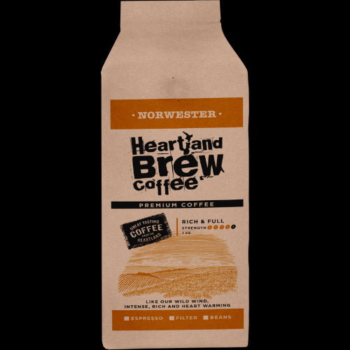 Heartland Coffee Norwester Bean 1kg bag, rich flavors, smooth body, ideal for various brewing methods, perfect for coffee lovers.