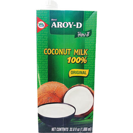 Aroy-D Coconut Milk 1L carton, creamy and gluten-free, perfect for curries, smoothies, and vegan recipes.