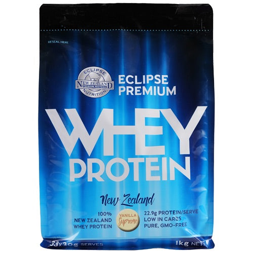 Eclipse Premium Whey Protein in Vanilla flavor, 1kg pack, ideal for muscle recovery and enhancing protein intake.