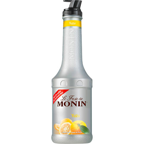 Monin Yuzu Fruit Puree in a 1-liter bottle, offering vibrant citrus flavor for cocktails, desserts, and sauces.