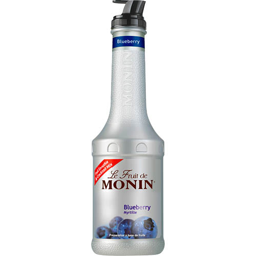 Monin Blueberry Fruit Puree 1L bottle showcasing rich blueberry flavor for smoothies, cocktails, and desserts.