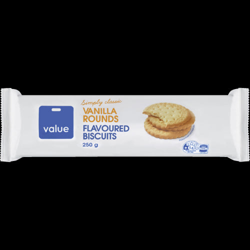 Value Vanilla Rounds Flavoured Biscuits in resealable packaging, offering rich, buttery vanilla flavor for snacks or tea time.