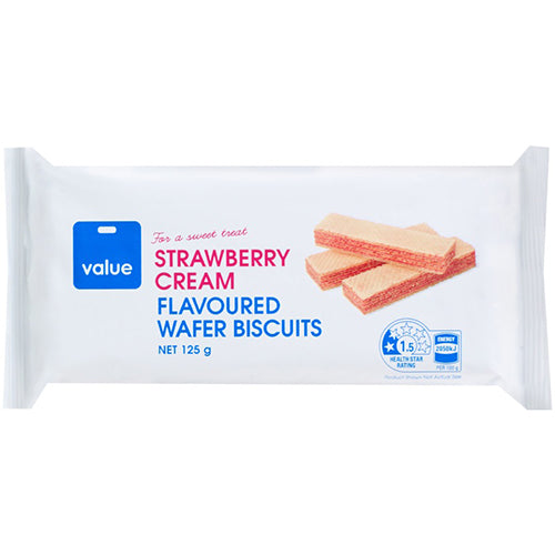 Value Strawberry Cream Wafer Biscuits, crispy wafers with sweet strawberry cream filling, ideal for snacking.