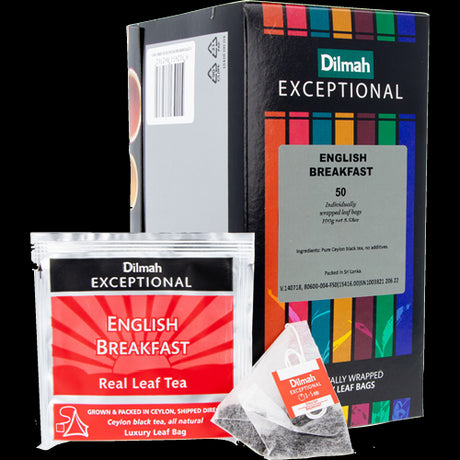 Dilmah Extra English Breakfast Tea Bags 50pk, featuring robust Sri Lankan black tea for a rich, invigorating flavor.