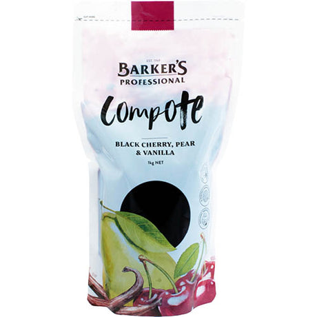 Barker's 1kg Black Cherry Pear & Vanilla Compote, a gourmet blend perfect for desserts, toast, and cheese pairings.