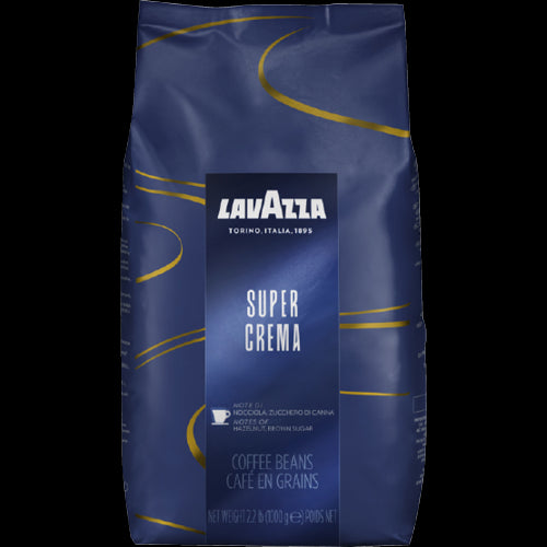 Lavazza Super Crema Coffee Beans 1kg - rich espresso blend of Arabica and Robusta with hazelnut and brown sugar notes.