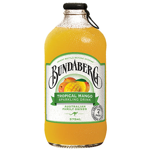 Bundaberg Tropical Mango Sparkling Drink pack of 12, refreshing mango flavor in fizzy bottles, perfect for summer enjoyment.