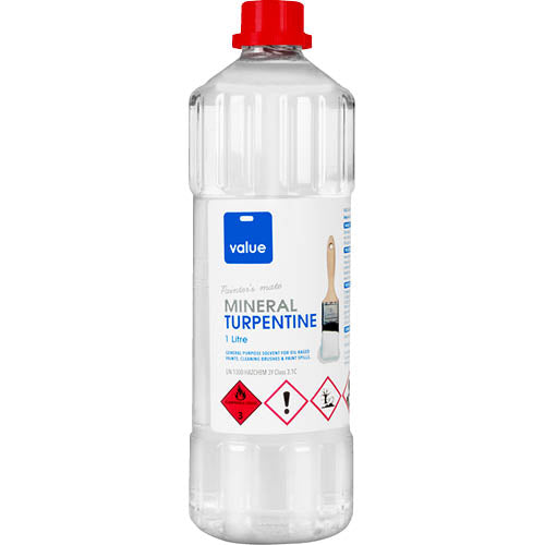 Value Mineral Turpentine 1L bottle for painting, cleaning, and degreasing, ideal for DIY and industrial use.