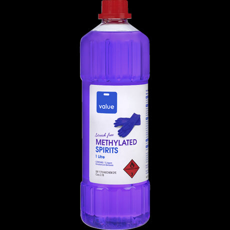 Bottle of Value Methylated Spirits 1L for cleaning, degreasing, and sanitizing, suitable for various household and professional tasks.