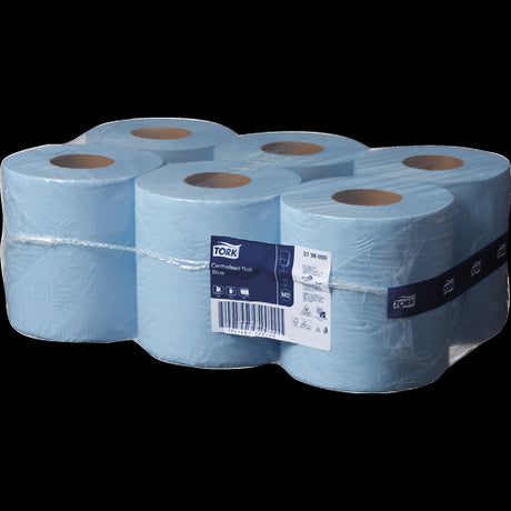 Tork UNI Centre Feed Perforated Blue Hand Towels, 280m roll, soft and absorbent, ideal for efficient hand drying.