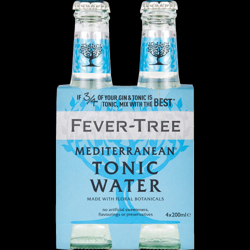 Fever-Tree Mediterranean Tonic Water in 4 x 200ml bottles, flavored with lemon thyme and rosemary for a refreshing drink.