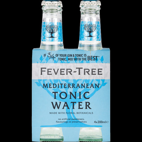 Fever-Tree Mediterranean Tonic Water in 4 x 200ml bottles, flavored with lemon thyme and rosemary for a refreshing drink.