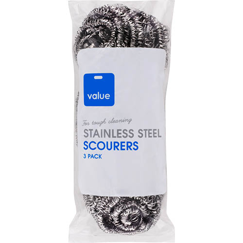 Three durable stainless steel scourers for effective cleaning of pots, pans, and grills without scratching surfaces.