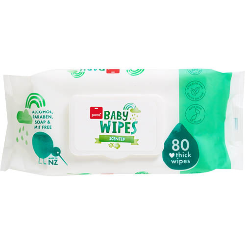 Pams Scented Baby Wipes 80pk, soft and thick wipes infused with Aloe Vera for gentle cleansing of baby's sensitive skin.