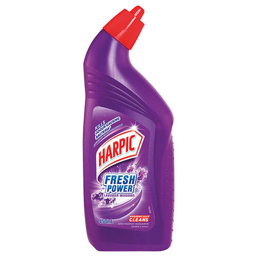 Harpic Fresh Power Lavender Toilet Cleaner 450ml, a disinfectant that kills 99.9% bacteria and leaves a refreshing lavender scent.