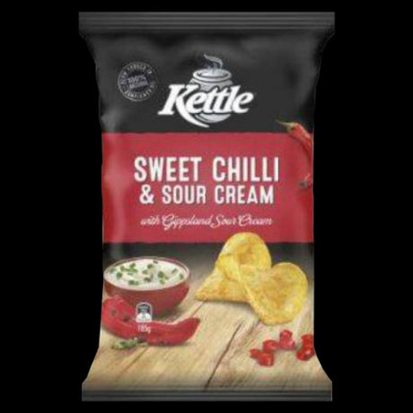 Kettle Chip Company Sweet Chilli & Sour Cream chips, made with New Zealand potatoes for a tasty, crispy snack experience.