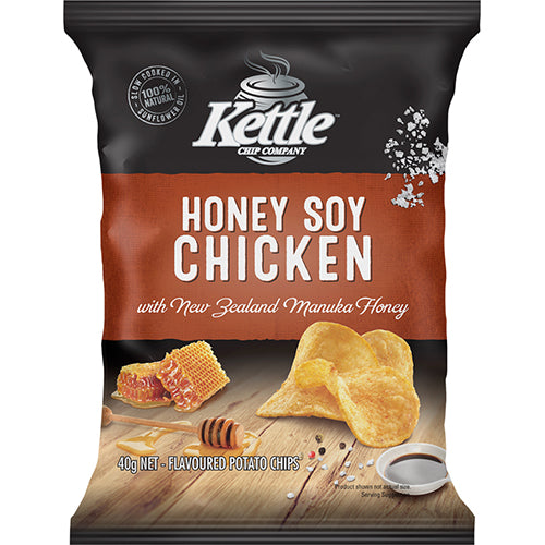 Kettle Chip Company Honey Soy Chicken Potato Chips: gourmet chips with a sweet and savory blend, crisped to perfection.