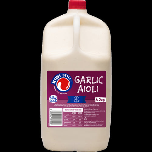 A 6.2kg tub of Kiwi Style Garlic Aioli, a creamy condiment perfect for enhancing sandwiches, fries, and seafood dishes.