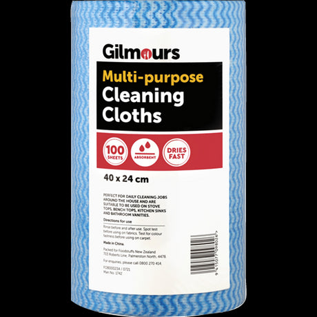 Gilmours 100 pack cleaning cloths, 40x24cm, 43gsm, perfect for dusting, wiping, and scrubbing surfaces effectively.