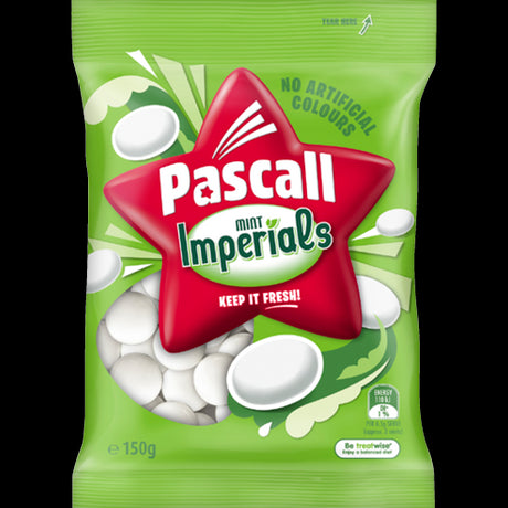 Pascall Imperial Mints 150g pack, featuring crisp, refreshing mints perfect for a palate cleanse or soothing treat.