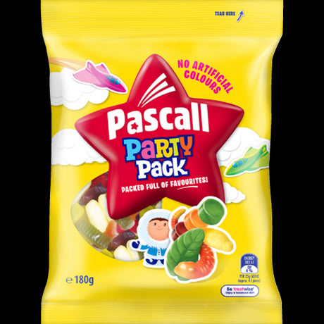 Pascall Party Pack 180g featuring colorful fruit-flavored gummy candies perfect for celebrations and sharing.