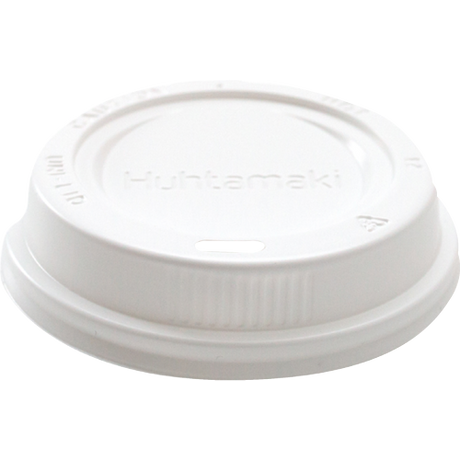 White plastic domed uni-lid pack of 100 for takeaway meals, ensuring freshness and secure fit for various food applications.