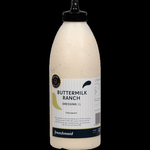 Creamy French Maid Buttermilk Ranch Dressing in a 1L bottle, perfect for salads, dips, and marinades.