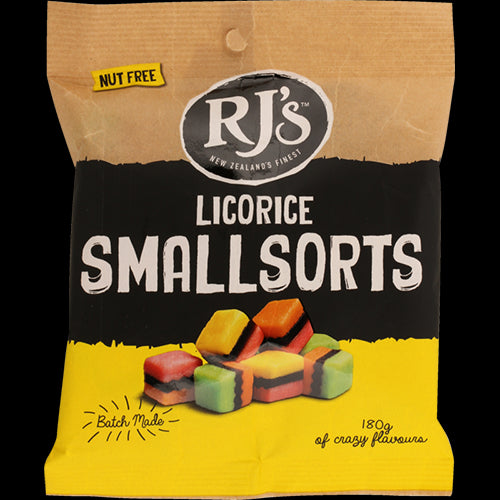 Colorful RJ's Licorice Smallsorts 180g pack filled with chewy, rich flavors, perfect for snacking and sharing.