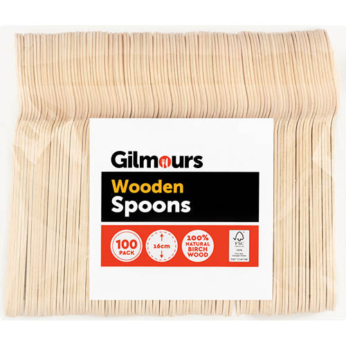 Gilmours 100pk Disposable Wooden Spoons, eco-friendly and biodegradable, perfect for dining events, picnics, and gatherings.