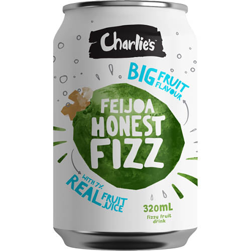 A pack of 12 x 320ml bottles of Charlie's Honest Fizz Fiejoa Fizzy Fruit Drink, featuring natural feijoa flavor and bubbles.