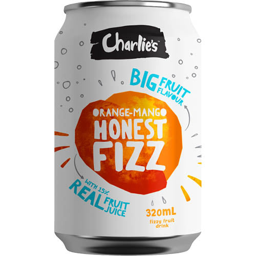 Pack of 12 Charlie's Honest Fizz Orange Mango drinks, featuring fizzy fruit blend in 320ml bottles for refreshing enjoyment.