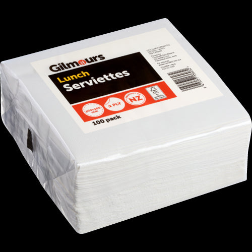 Gilmours 1/4 Fold 2Ply White Lunch Serviettes 300x300mm 100pk
