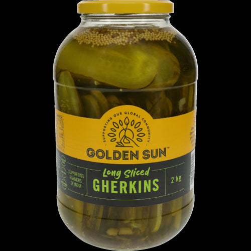 Golden Sun Long Sliced Gherkins 2kg, versatile crunchy pickles ideal for salads, sandwiches, and culinary creations.