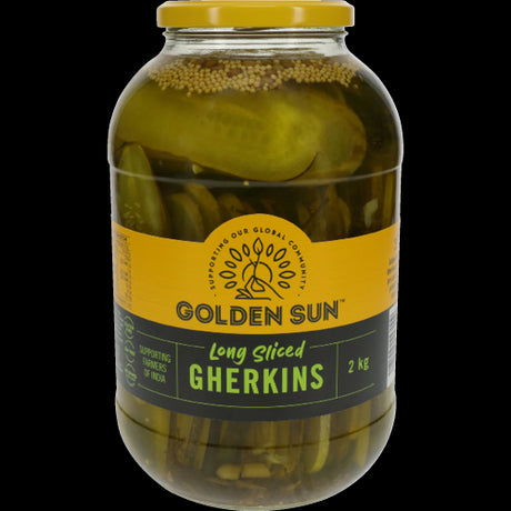 Golden Sun Long Sliced Gherkins 2kg, versatile crunchy pickles ideal for salads, sandwiches, and culinary creations.