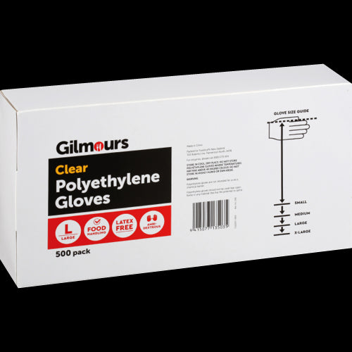 Large pack of 500 Gilmours disposable polyethylene gloves, perfect for food prep, medical use, and cleaning tasks.