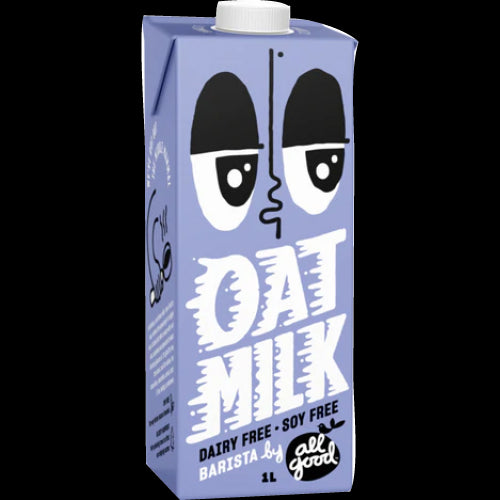 Creamy All Good Oat Milk Barista 1L carton, perfect for frothy lattes and dairy-free coffee delights.