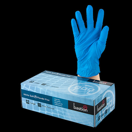 Bastion Nitrile Soft Blue Powder Free Large Gloves, 100pk, offering comfort, durability, and latex-free protection for various tasks.