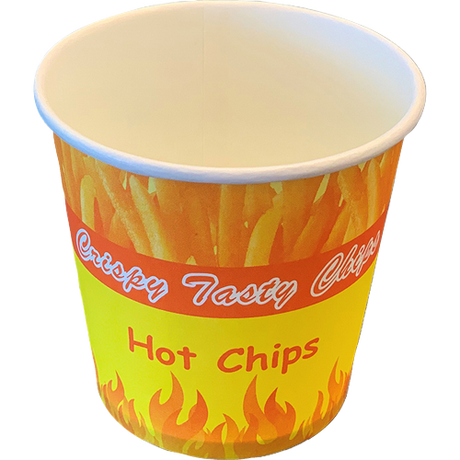 Savpac 12oz paper chip cups, eco-friendly, 50-pack, perfect for snacks at parties and events with a stylish design.