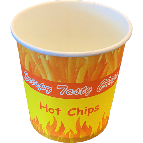 Savpac 12oz paper chip cups, eco-friendly, 50-pack, perfect for snacks at parties and events with a stylish design.