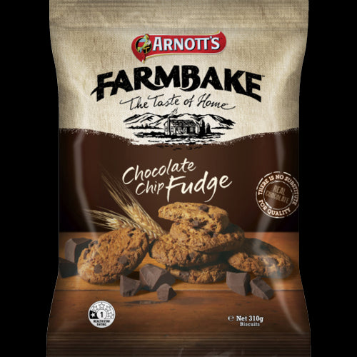 Delicious Arnott's Farmbake Chocolate Chip Fudge Biscuits with creamy chocolate chunks, perfect for any chocolate lover.