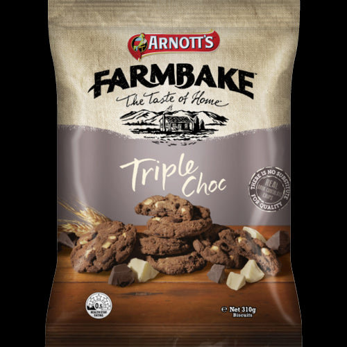 Delicious Arnott's Farmbake Triple Choc Biscuits, rich in chocolate flavor, packaged in a 310g box.