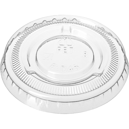 Clear PET lids for 20ml and 30ml portion cups, perfect for safe food storage and serving, 100-pack, stackable and recyclable.