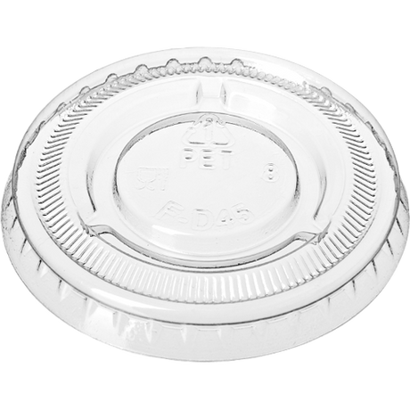 Clear PET lids for 20ml and 30ml portion cups, perfect for safe food storage and serving, 100-pack, stackable and recyclable.
