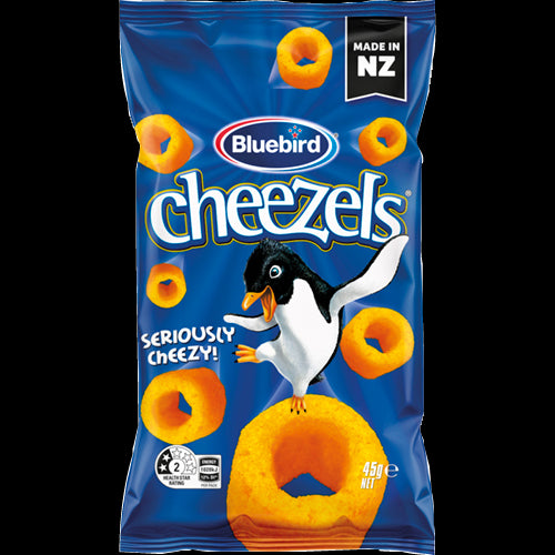 Bag of Bluebird Cheezels 45g featuring cheesy, crunchy snacks perfect for on-the-go snacking or gatherings.